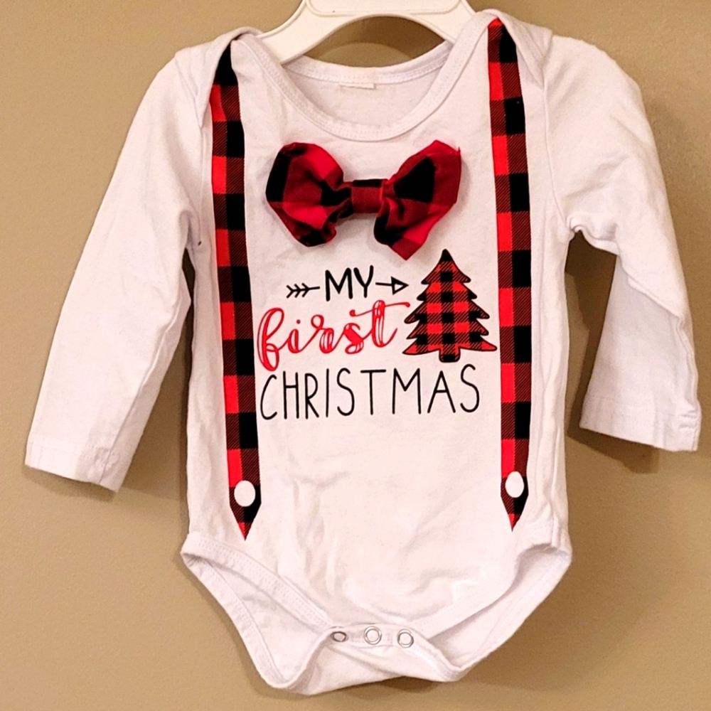"My first Christmas* long sleeve onesie with suspender and bowtie detail